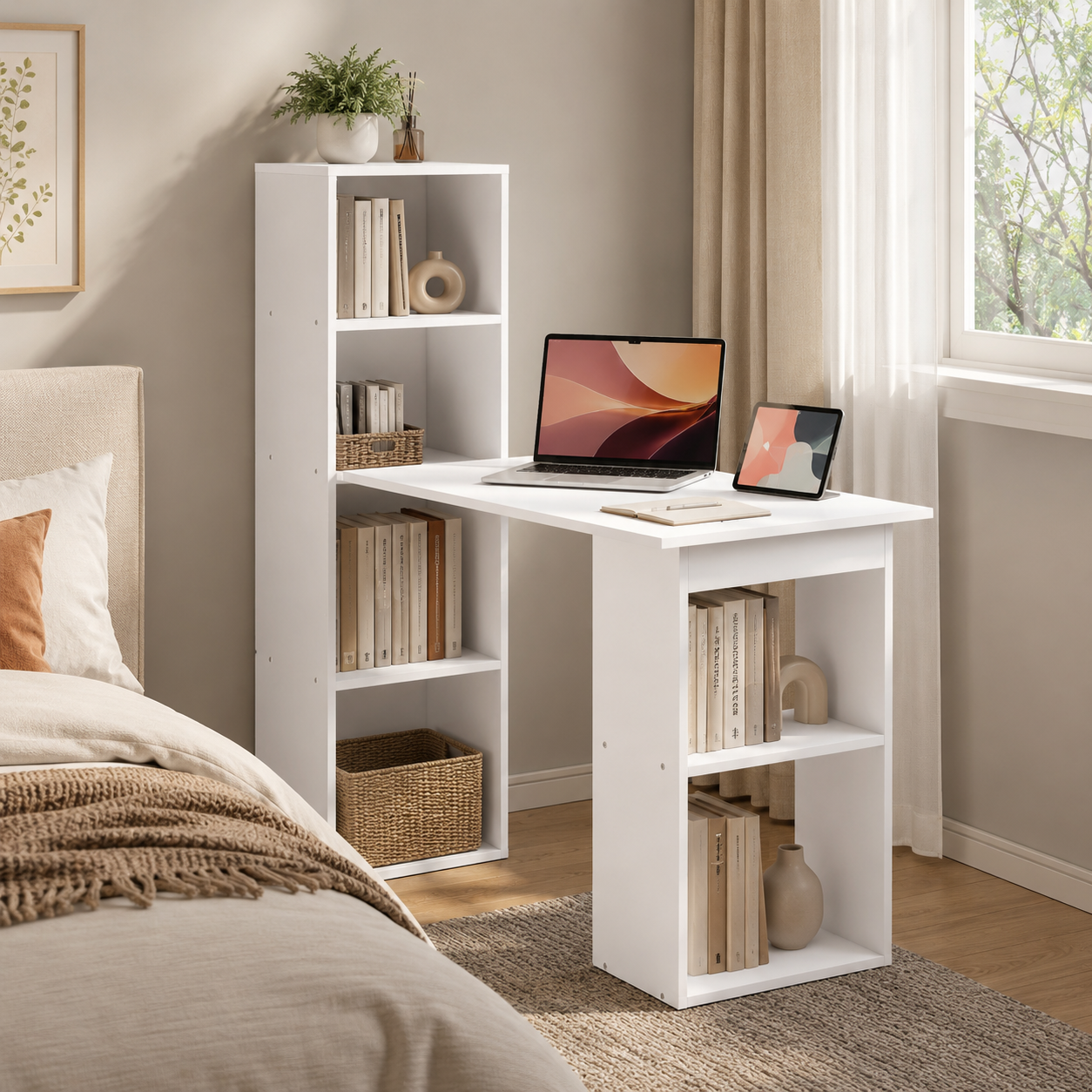 Computer Desk – 120cm with 6-Tier Bookshelf Storage, White, 120×55×120cm