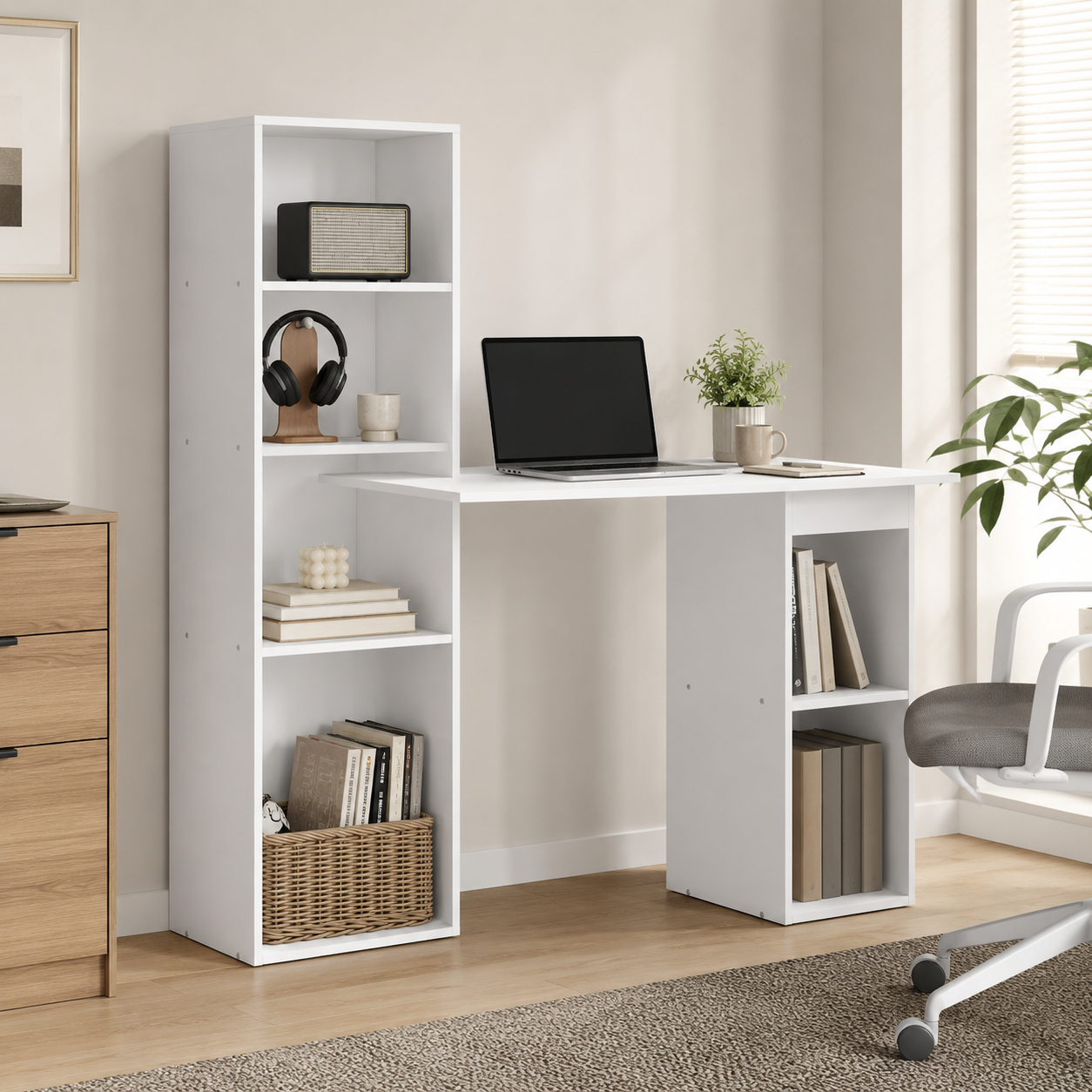 Computer Desk – 120cm with 6-Tier Bookshelf Storage, White, 120×55×120cm