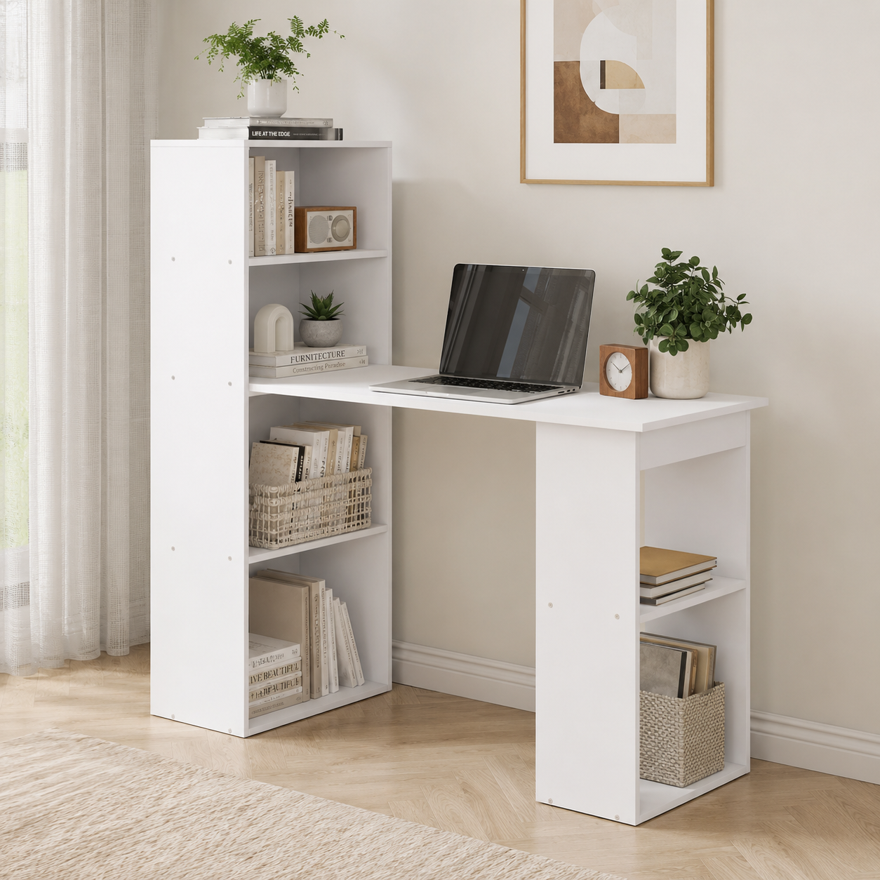 Computer Desk – 120cm with 6-Tier Bookshelf Storage, White, 120×55×120cm