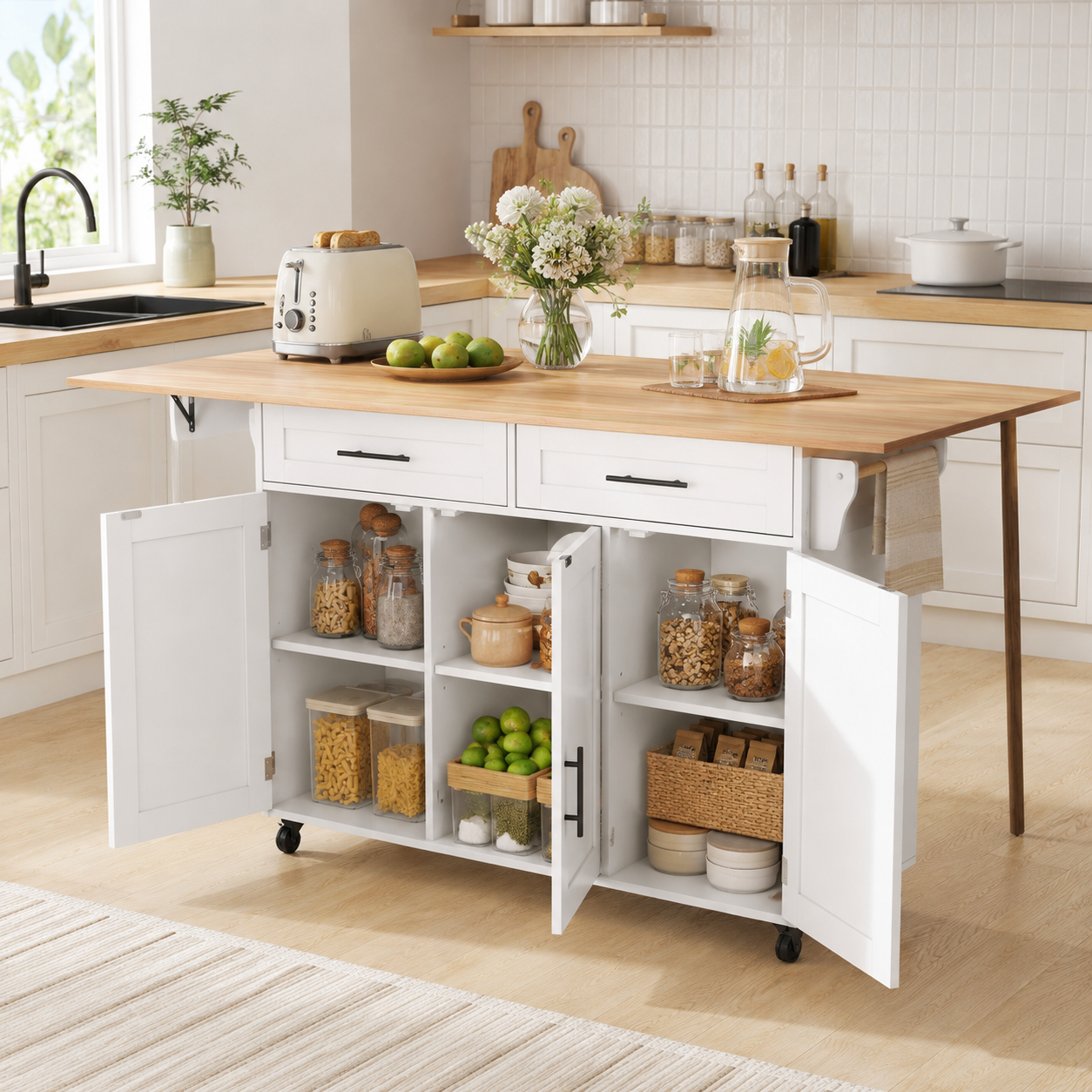 Rolling Kitchen Island – Fold-Out Top, 2 Drawers & Cabinets, White & Natural, 129×46–71×91cm