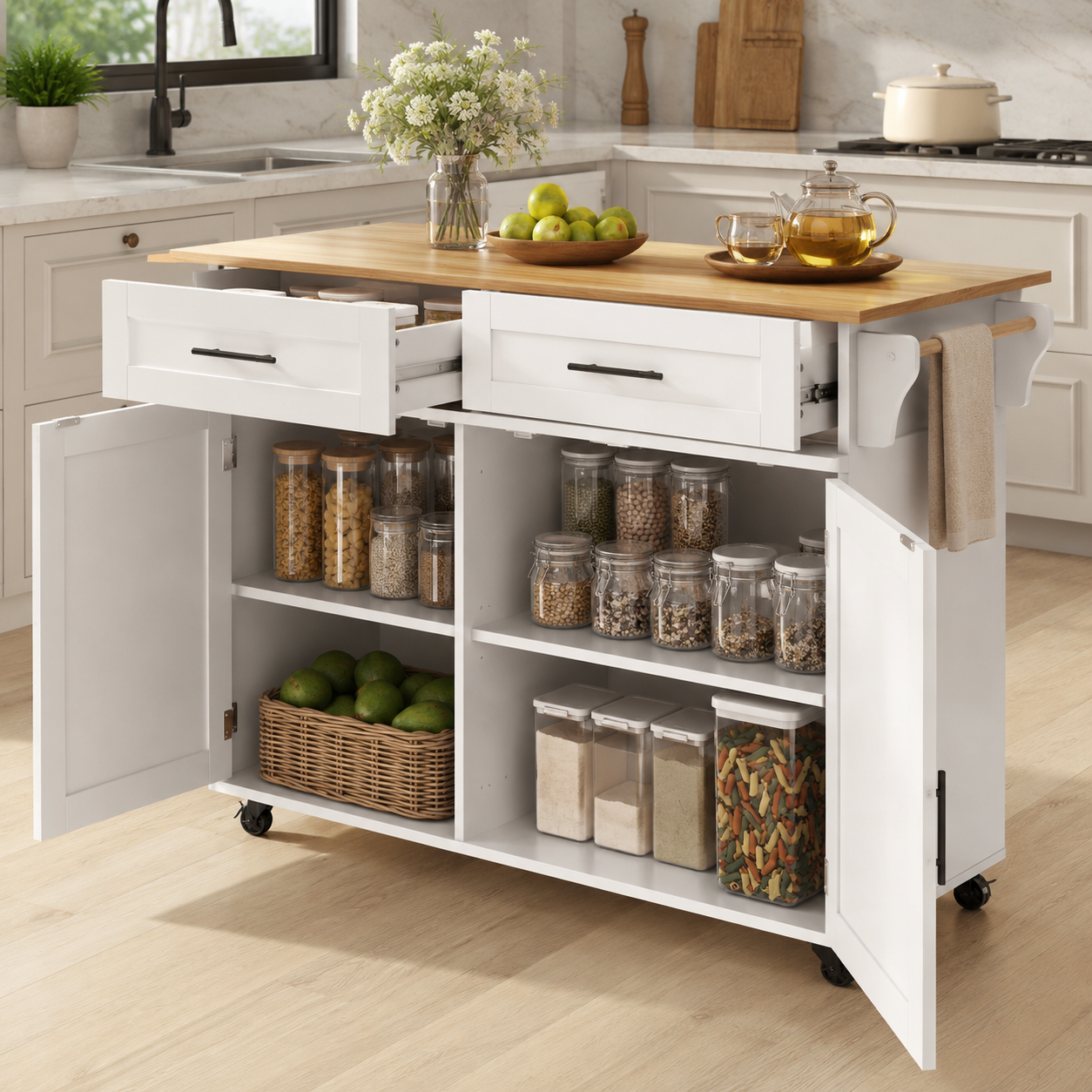Rolling Kitchen Island – Fold-Out Top, 2 Drawers & Cabinets, White & Natural, 129×46–71×91cm