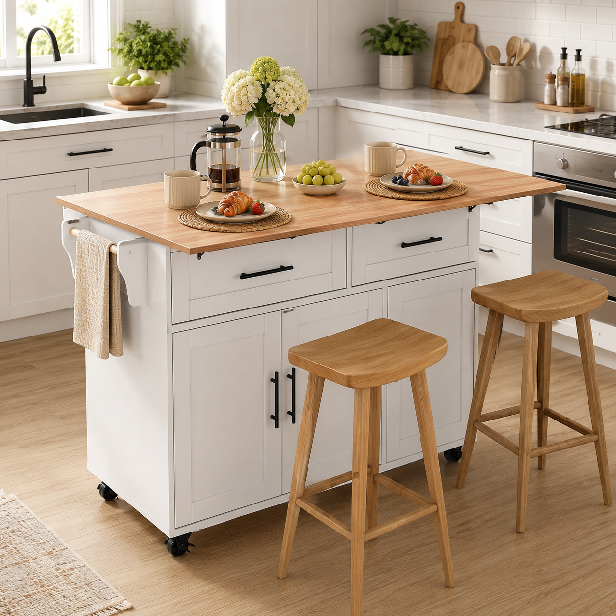 Rolling Kitchen Island – Fold-Out Top, 2 Drawers & Cabinets, White & Natural, 129×46–71×91cm