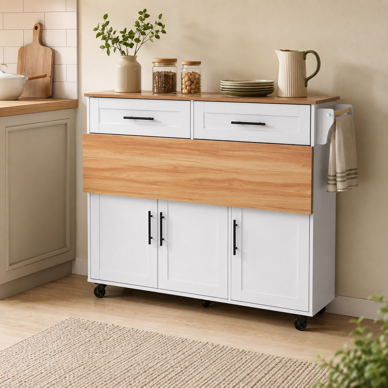 Rolling Kitchen Island – Fold-Out Top, 2 Drawers & Cabinets, White & Natural, 129×46–71×91cm