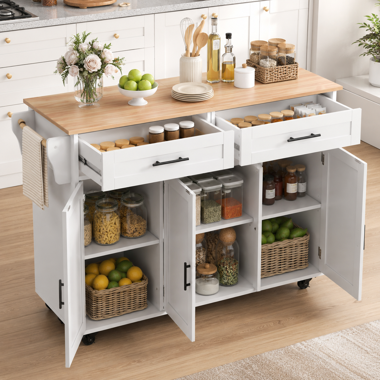 Rolling Kitchen Island – Fold-Out Top, 2 Drawers & Cabinets, White & Natural, 129×46–71×91cm