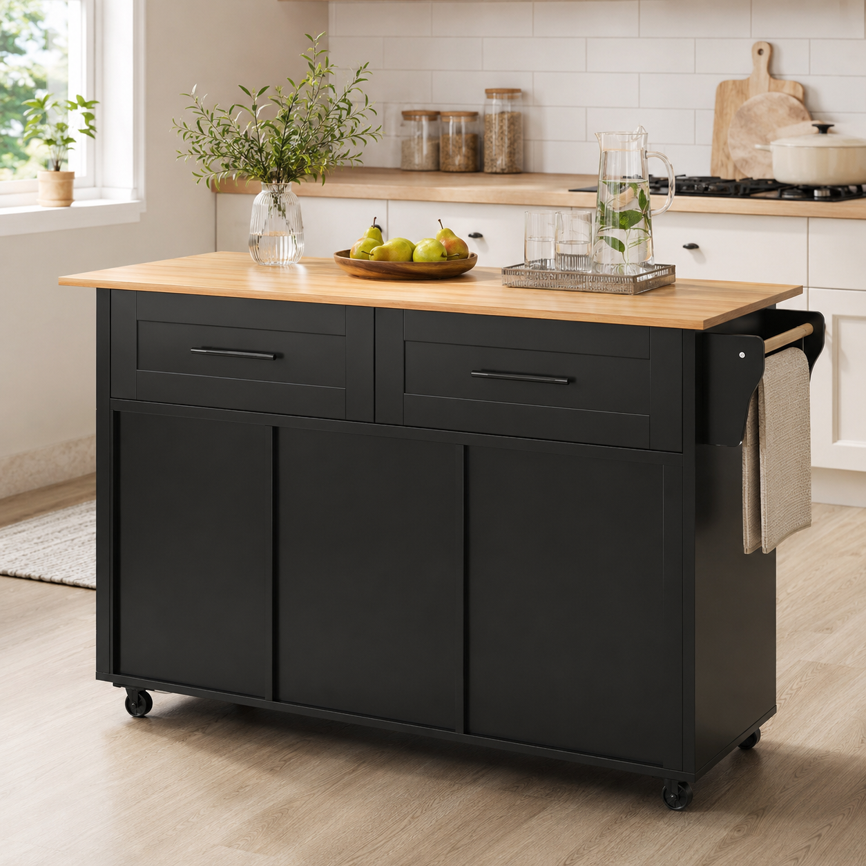 Rolling Kitchen Island – Fold-Out Top, 2 Drawers & Cabinets, Black & Natural, 129×46–71×91cm