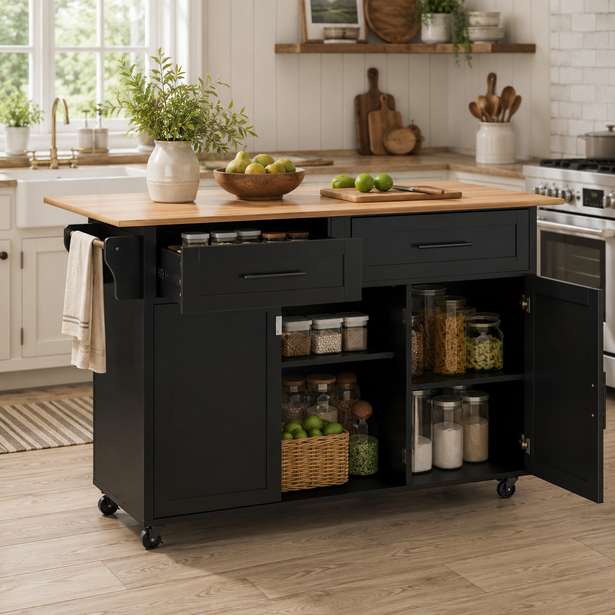Rolling Kitchen Island – Fold-Out Top, 2 Drawers & Cabinets, Black & Natural, 129×46–71×91cm