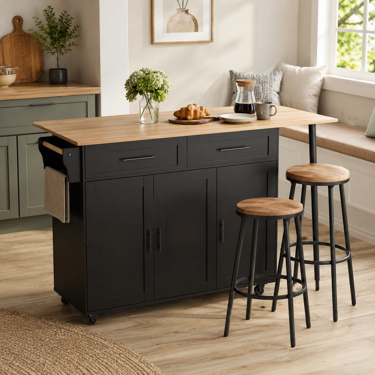 Rolling Kitchen Island – Fold-Out Top, 2 Drawers & Cabinets, Black & Natural, 129×46–71×91cm