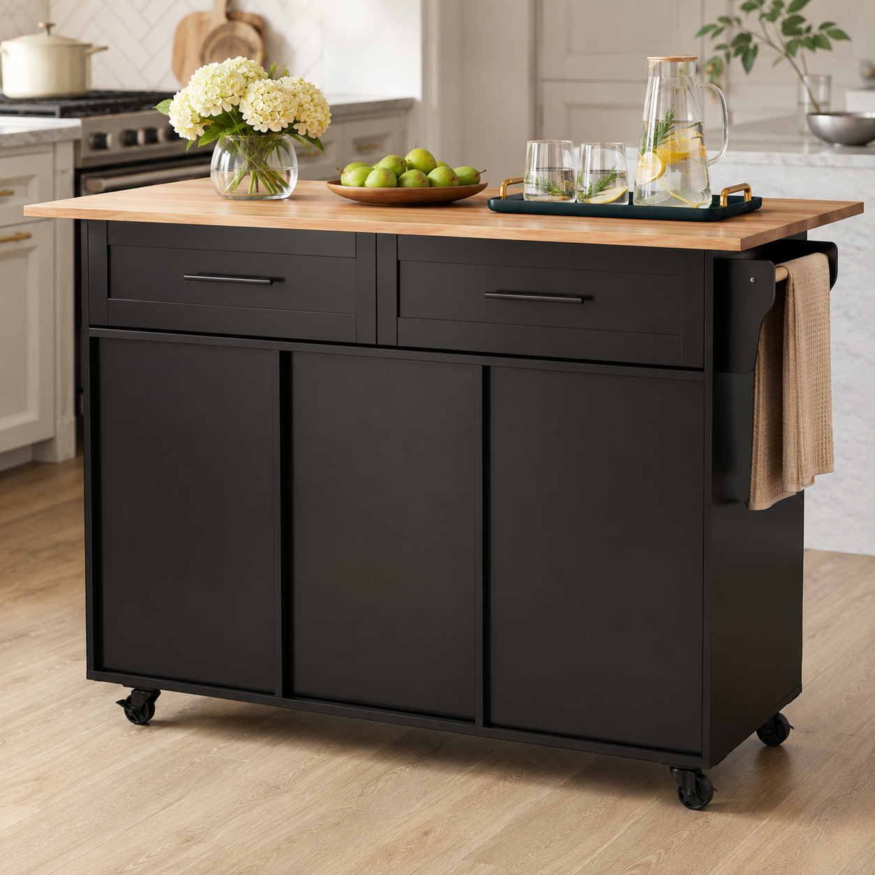Rolling Kitchen Island – Fold-Out Top, 2 Drawers & Cabinets, Black & Natural, 129×46–71×91cm