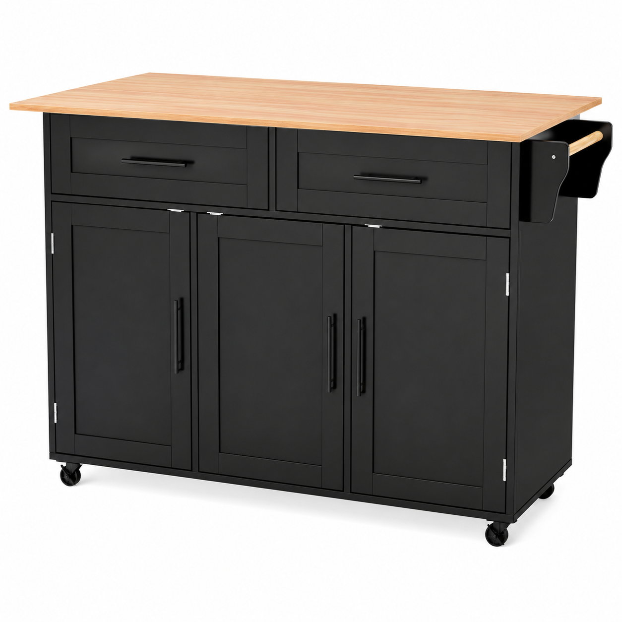Rolling Kitchen Island – Fold-Out Top, 2 Drawers & Cabinets, Black & Natural, 129×46–71×91cm