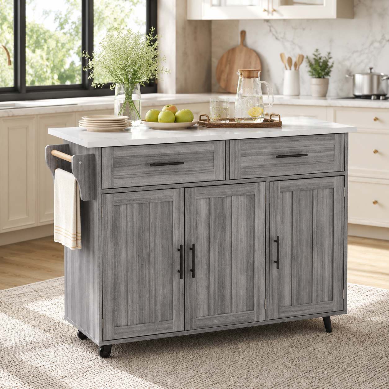 Rolling Kitchen Island – Fold-Out Top, 2 Drawers & Cabinets, Grey & White, 129×46–71×91cm