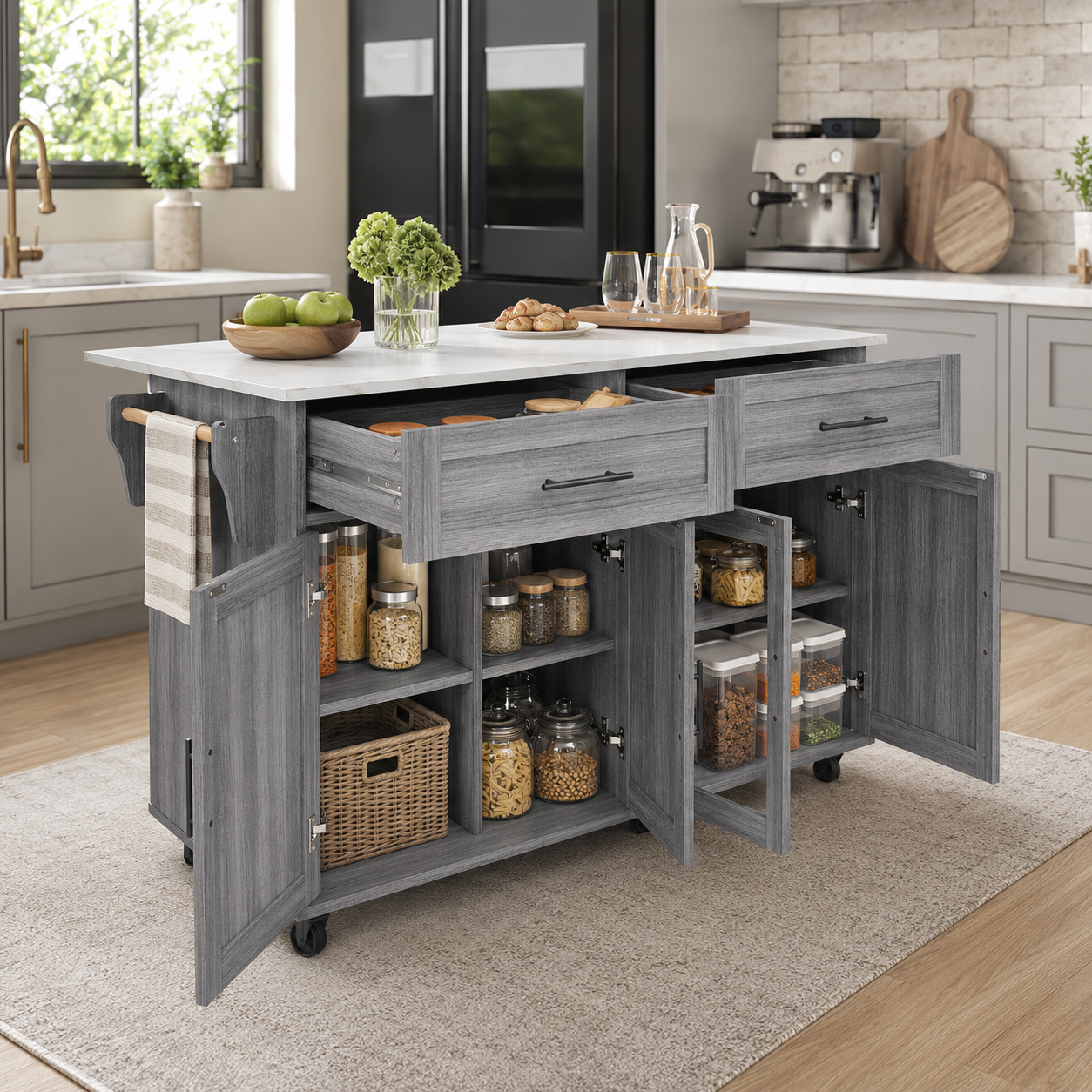Rolling Kitchen Island – Fold-Out Top, 2 Drawers & Cabinets, Grey & White, 129×46–71×91cm