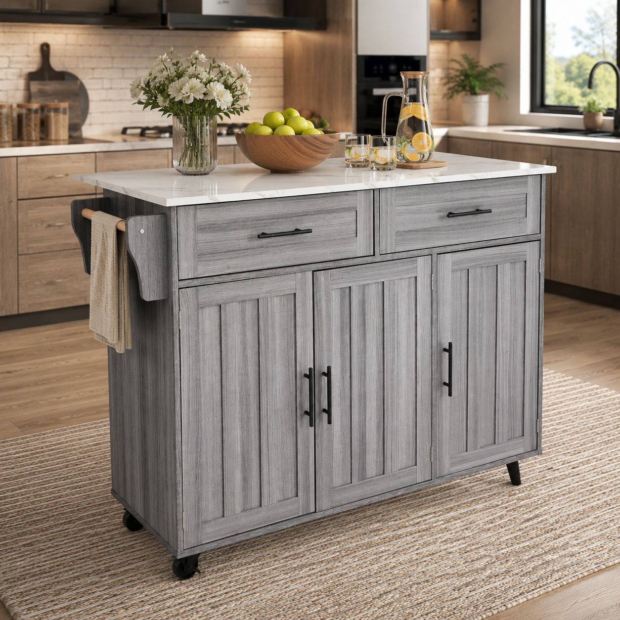 Rolling Kitchen Island – Fold-Out Top, 2 Drawers & Cabinets, Grey & White, 129×46–71×91cm