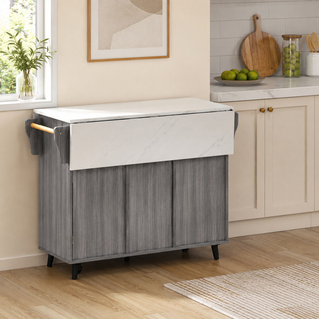 Rolling Kitchen Island – Fold-Out Top, 2 Drawers & Cabinets, Grey & White, 129×46–71×91cm