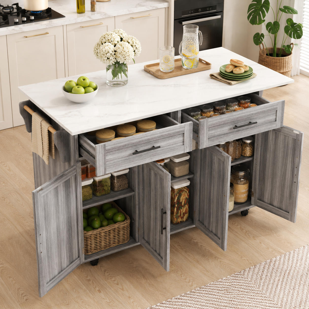 Rolling Kitchen Island – Fold-Out Top, 2 Drawers & Cabinets, Grey & White, 129×46–71×91cm