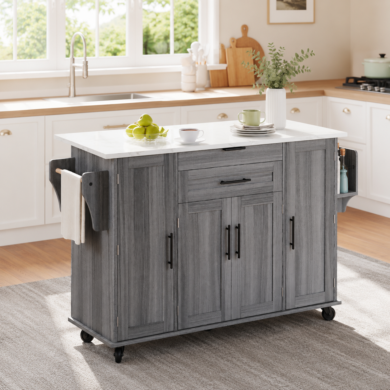Rolling Kitchen Island – Fold-Out Top, 2 Drawers & Cabinets, Grey, 129×46–71×91cm
