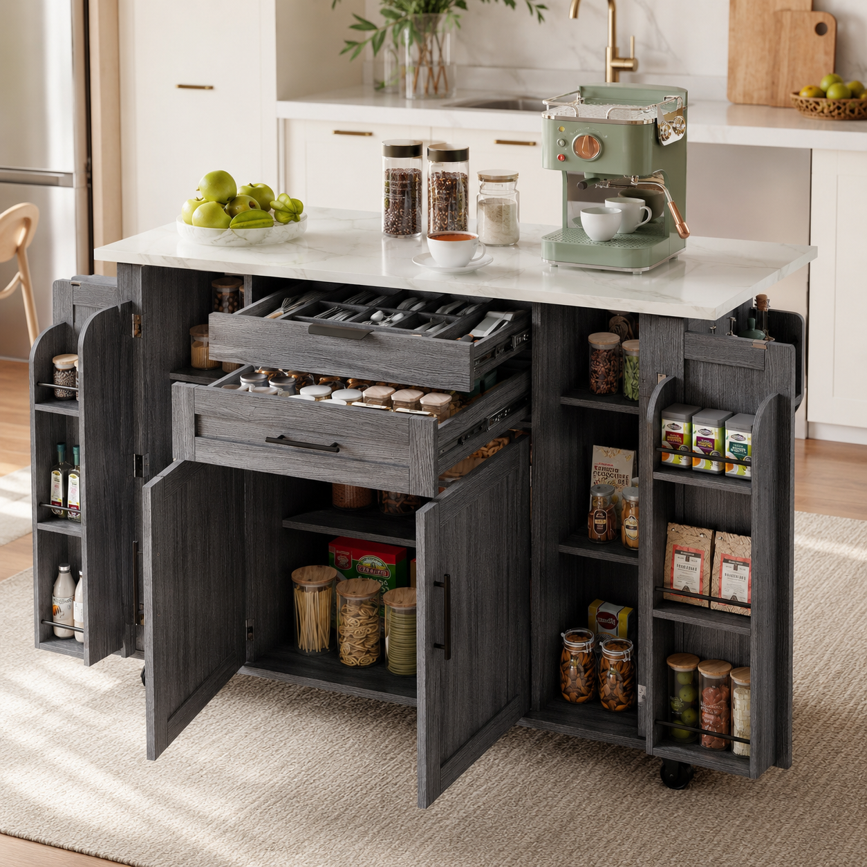 Rolling Kitchen Island – Fold-Out Top, 2 Drawers & Cabinets, Grey, 129×46–71×91cm