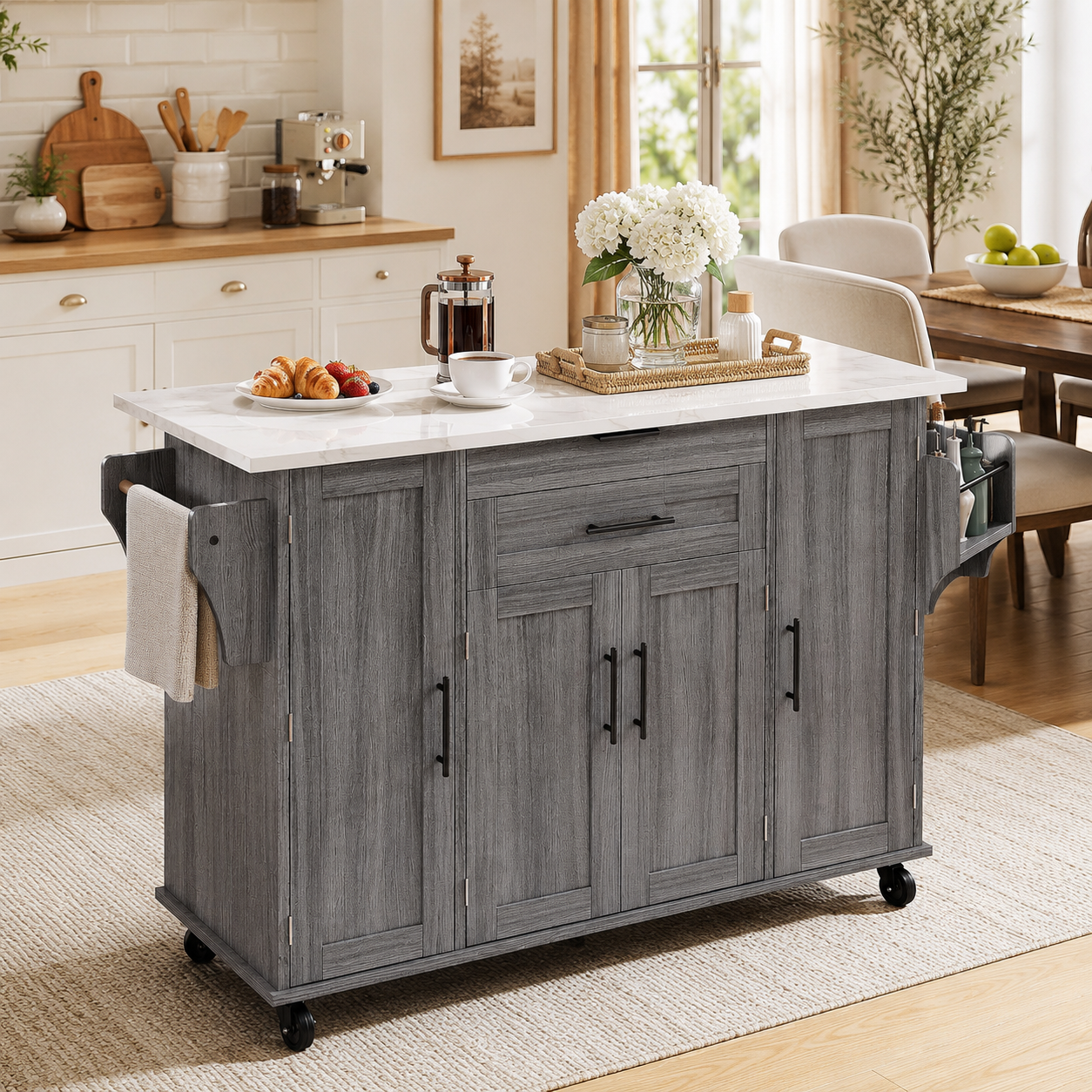 Rolling Kitchen Island – Fold-Out Top, 2 Drawers & Cabinets, Grey, 129×46–71×91cm