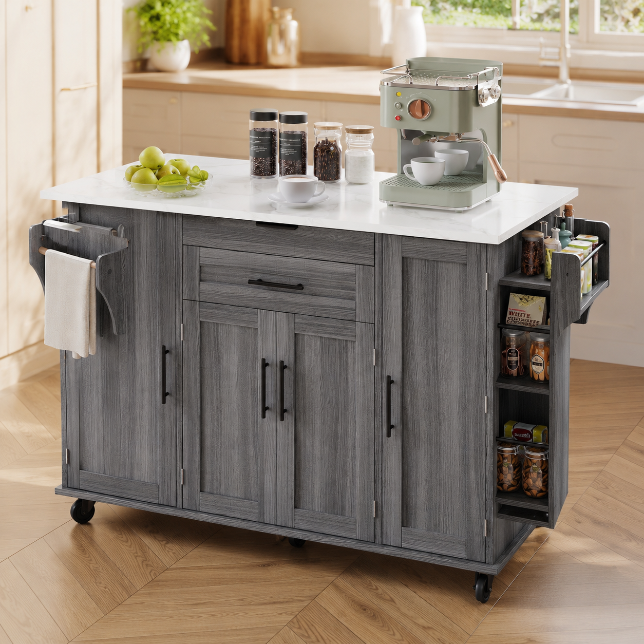 Rolling Kitchen Island – Fold-Out Top, 2 Drawers & Cabinets, Grey, 129×46–71×91cm