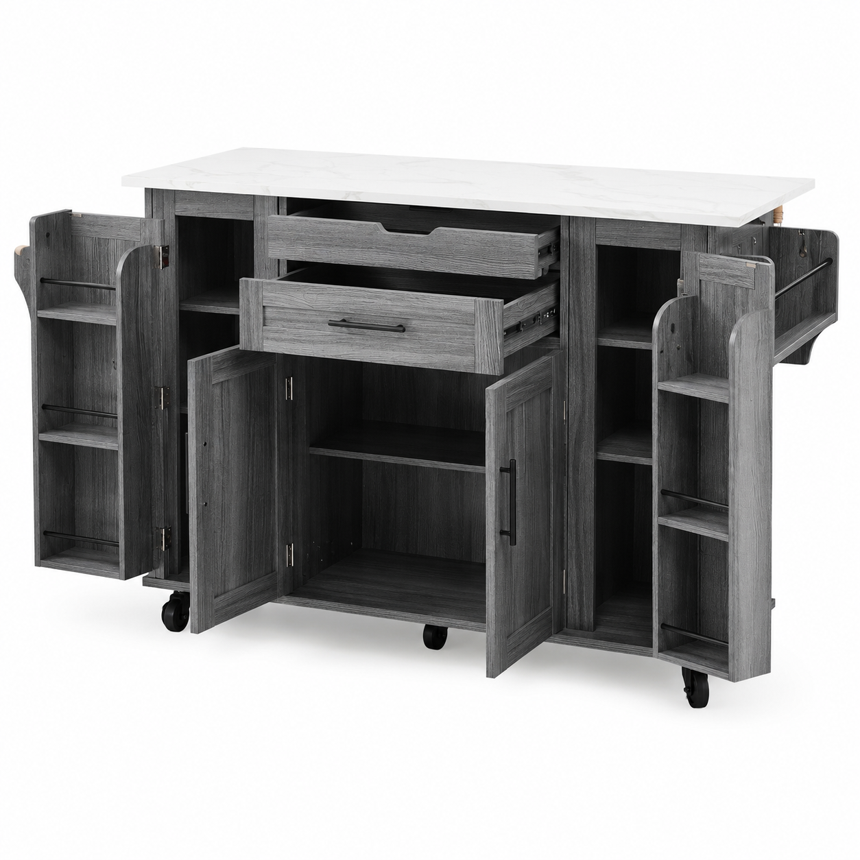 Rolling Kitchen Island – Fold-Out Top, 2 Drawers & Cabinets, Grey, 129×46–71×91cm