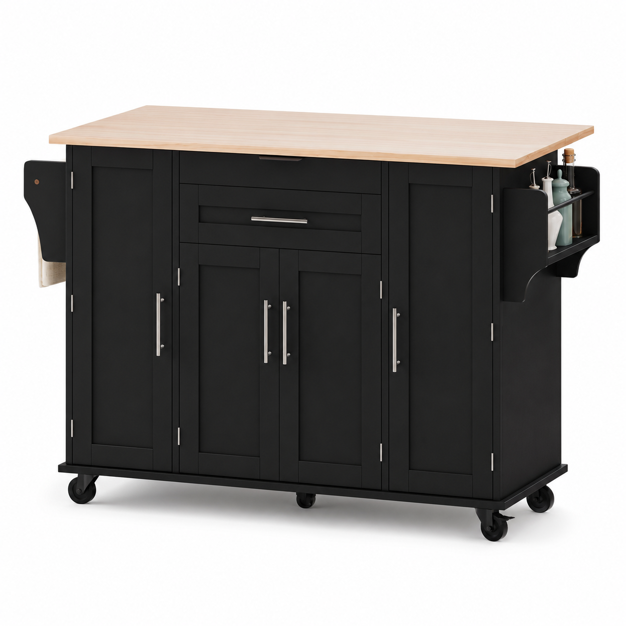 Rolling Kitchen Island – Fold-Out Top, 2 Drawers & Cabinets, Black & Natural, 129×46–71×91cm