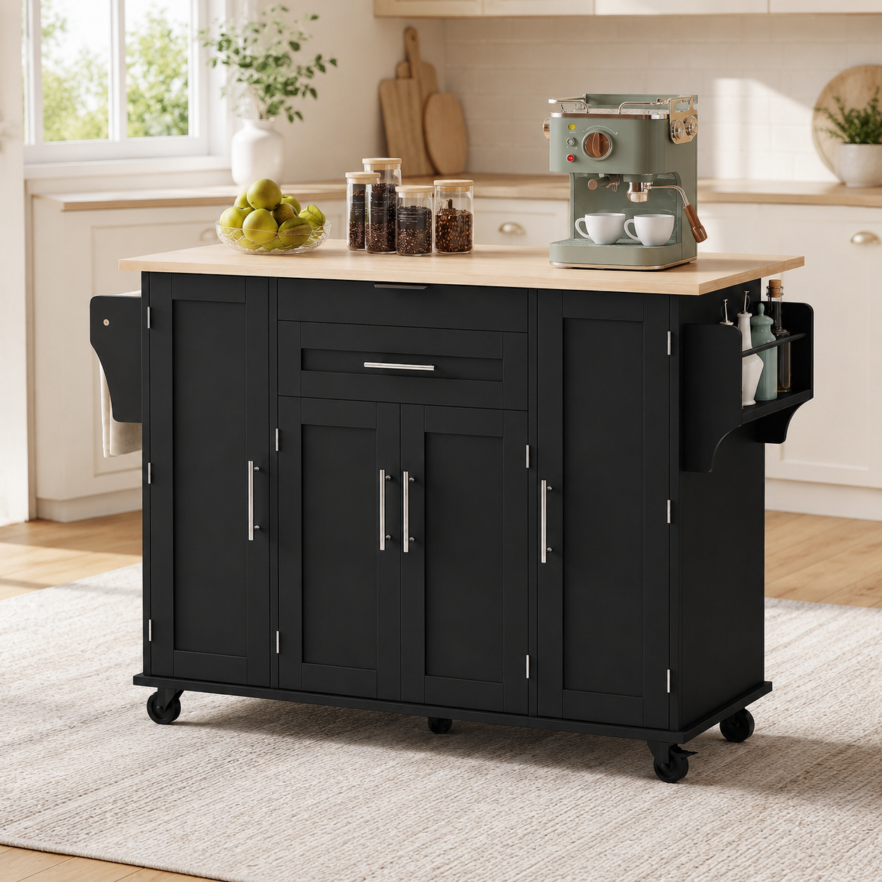 Rolling Kitchen Island – Fold-Out Top, 2 Drawers & Cabinets, Black & Natural, 129×46–71×91cm