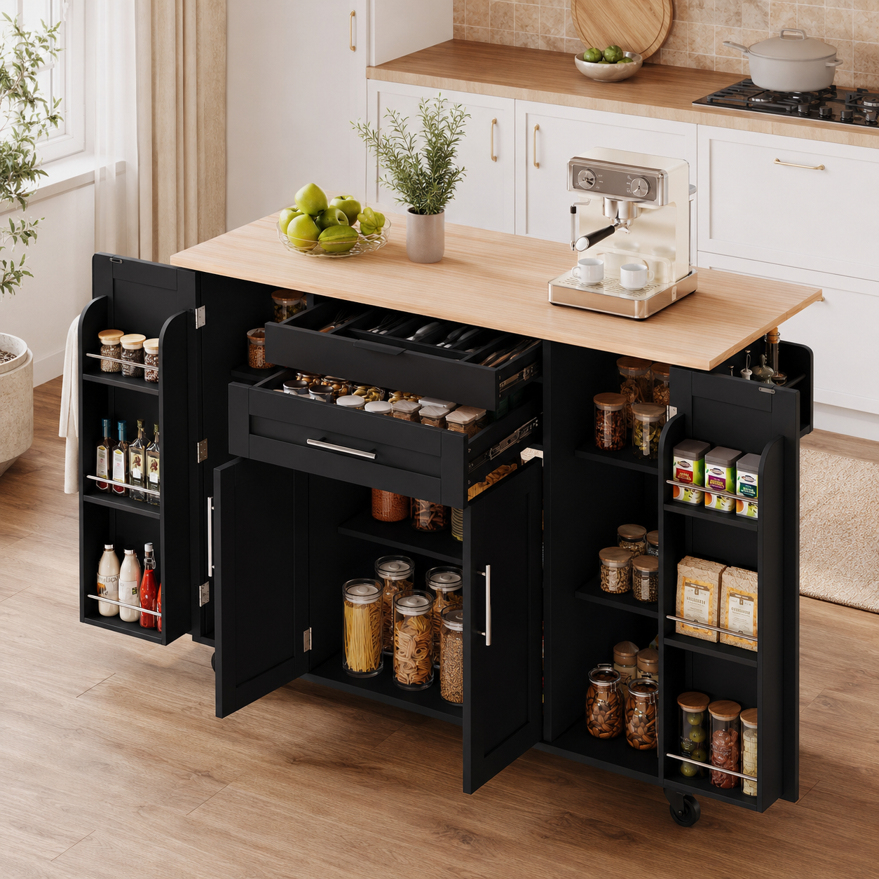 Rolling Kitchen Island – Fold-Out Top, 2 Drawers & Cabinets, Black & Natural, 129×46–71×91cm