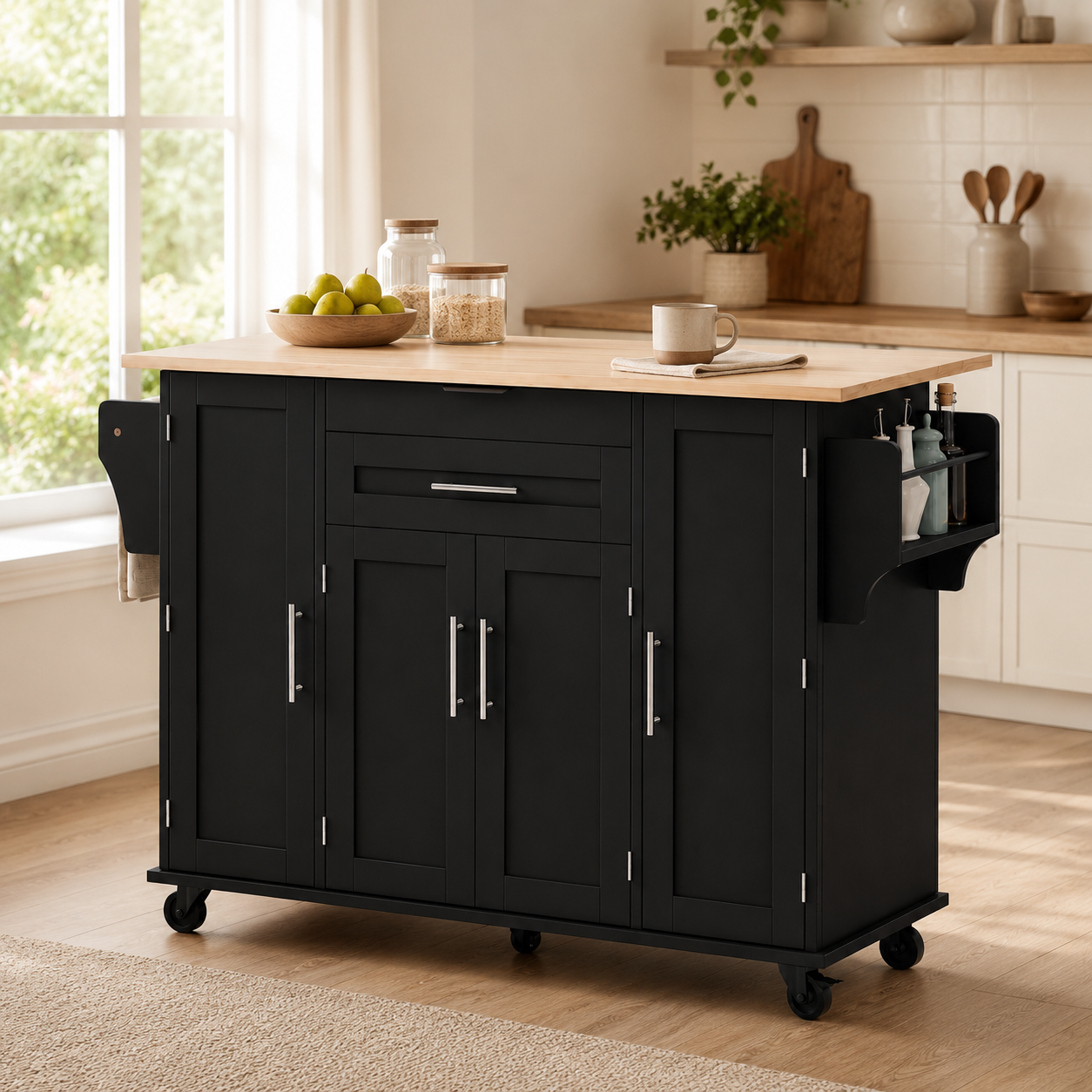 Rolling Kitchen Island – Fold-Out Top, 2 Drawers & Cabinets, Black & Natural, 129×46–71×91cm