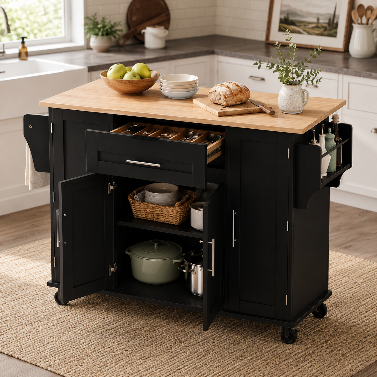 Rolling Kitchen Island – Fold-Out Top, 2 Drawers & Cabinets, Black & Natural, 129×46–71×91cm