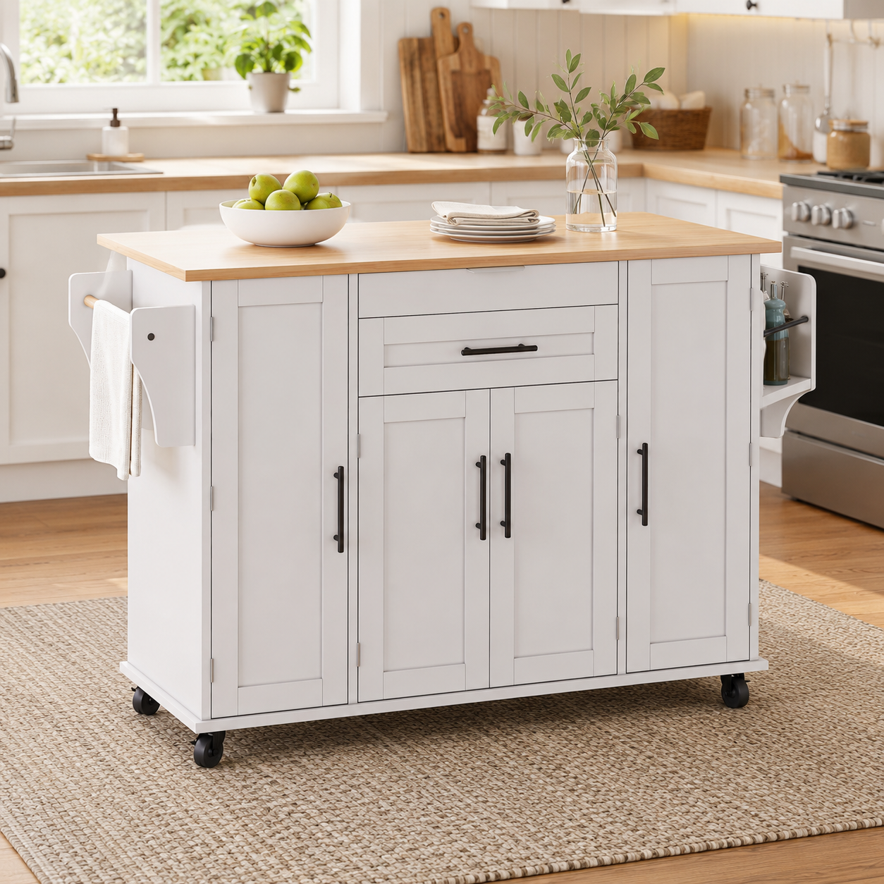 Rolling Kitchen Island – Fold-Out Top, 2 Drawers & Cabinets, White & Natural, 129×46–71×91cm