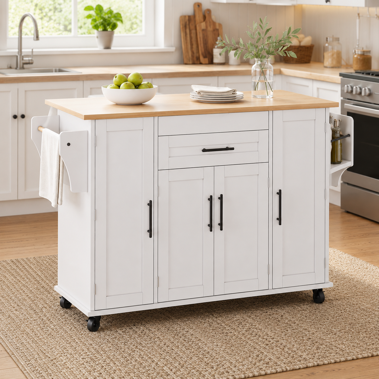 Rolling Kitchen Island – Fold-Out Top, 2 Drawers & Cabinets, White & Natural, 129×46–71×91cm