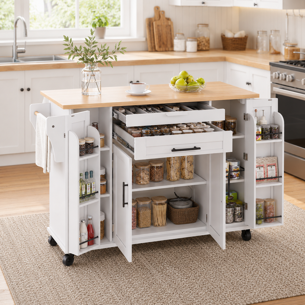 Rolling Kitchen Island – Fold-Out Top, 2 Drawers & Cabinets, White & Natural, 129×46–71×91cm
