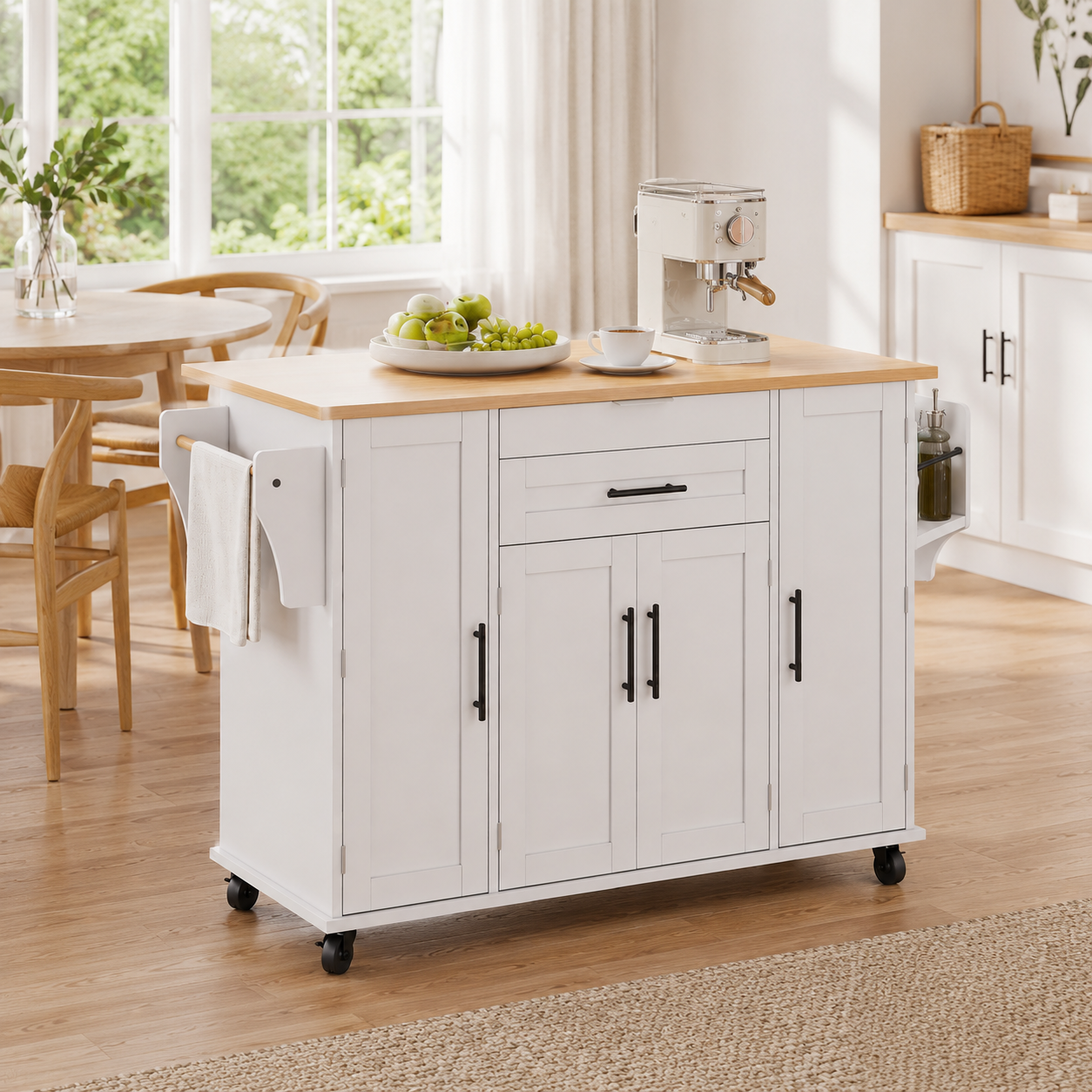 Rolling Kitchen Island – Fold-Out Top, 2 Drawers & Cabinets, White & Natural, 129×46–71×91cm