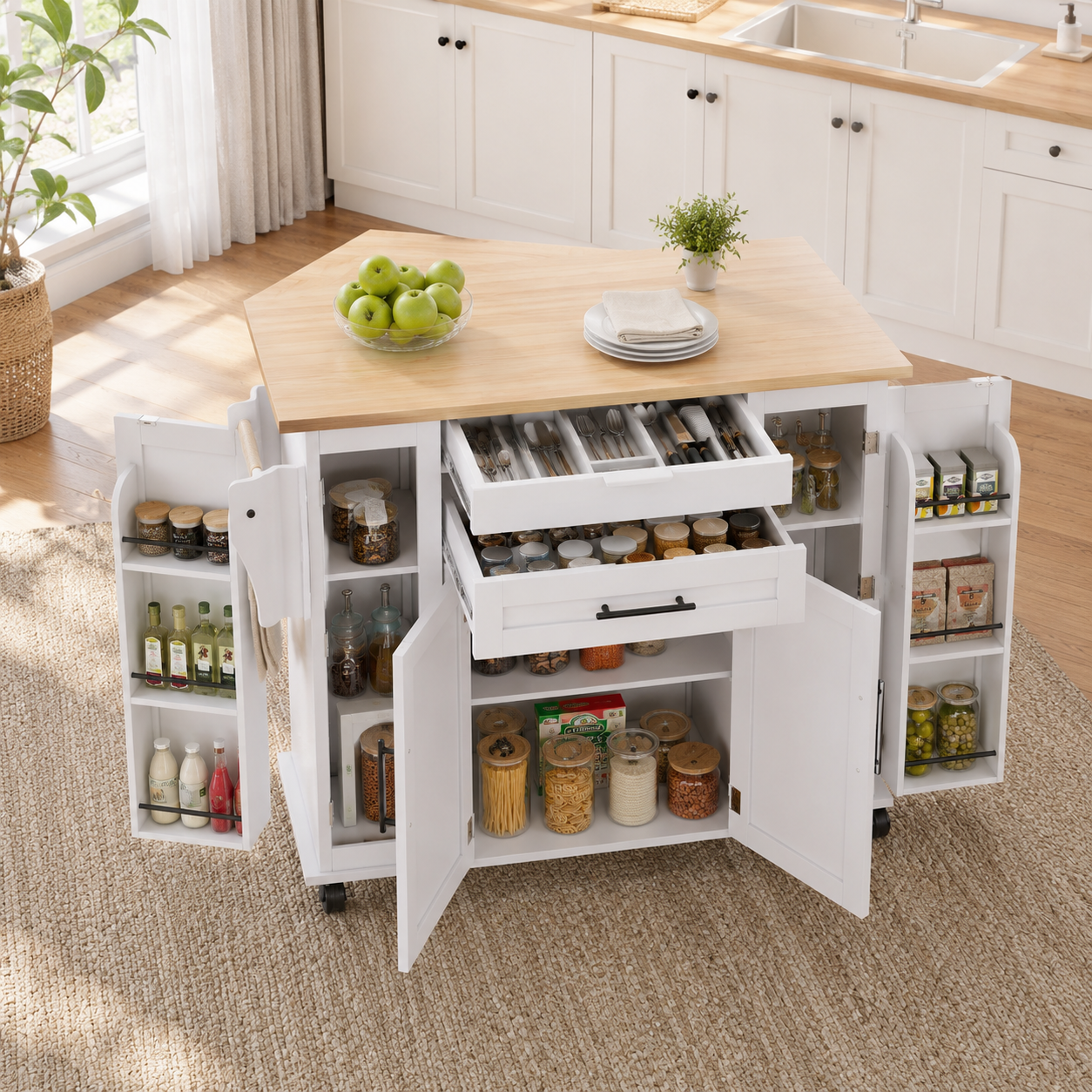 Rolling Kitchen Island – Fold-Out Top, 2 Drawers & Cabinets, White & Natural, 129×46–71×91cm