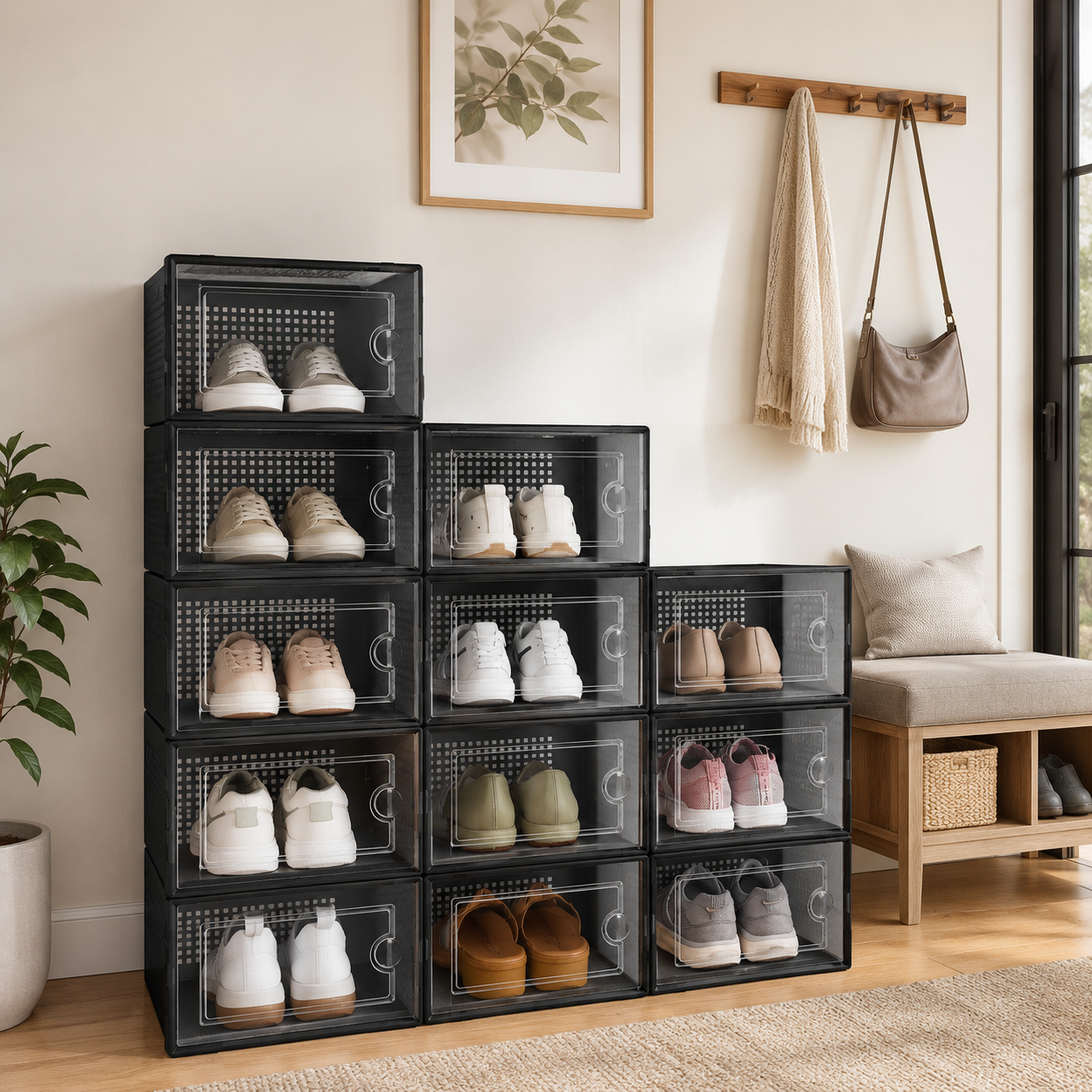Stackable Shoe Storage Boxes – Set of 12, Clear Front, Black, 33×23×14cm Each