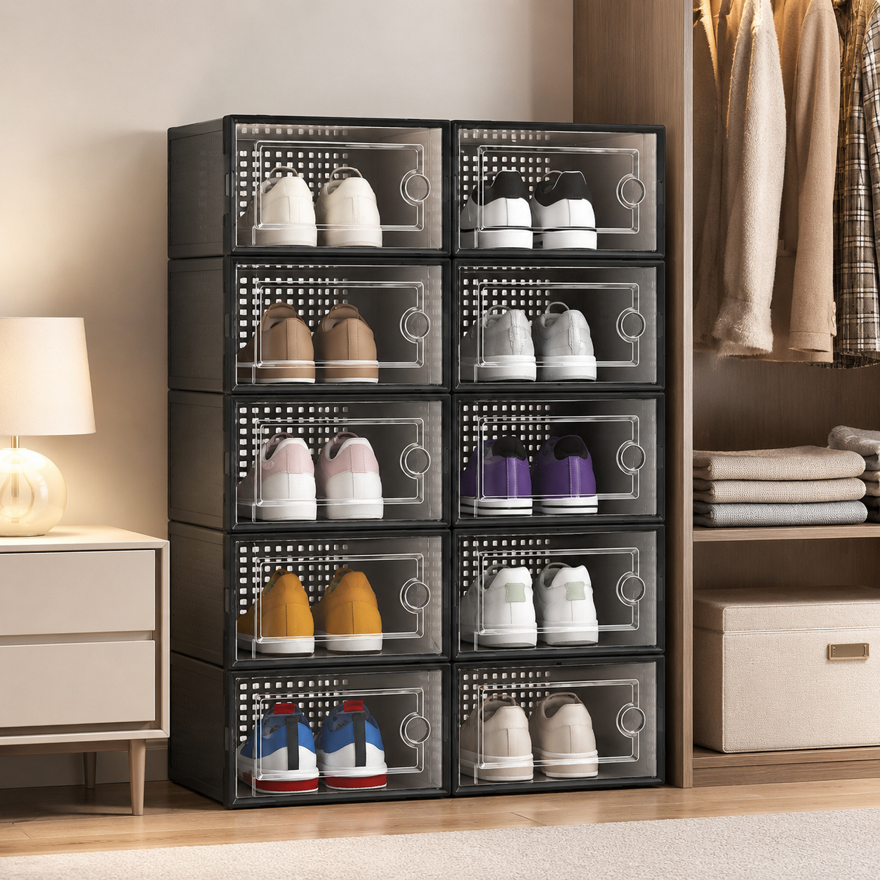 Stackable Shoe Storage Boxes – Set of 12, Clear Front, Black, 33×23×14cm Each