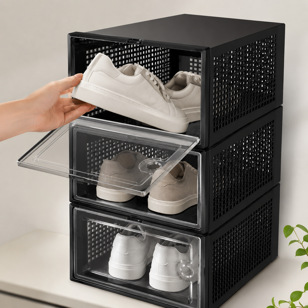 Stackable Shoe Storage Boxes – Set of 12, Clear Front, Black, 33×23×14cm Each