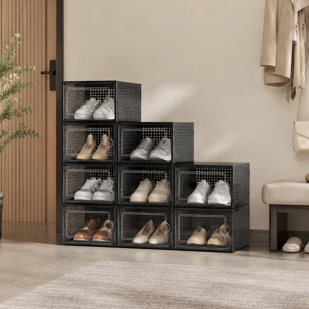 Stackable Shoe Storage Boxes – Set of 12, Clear Front, Black, 33×23×14cm Each
