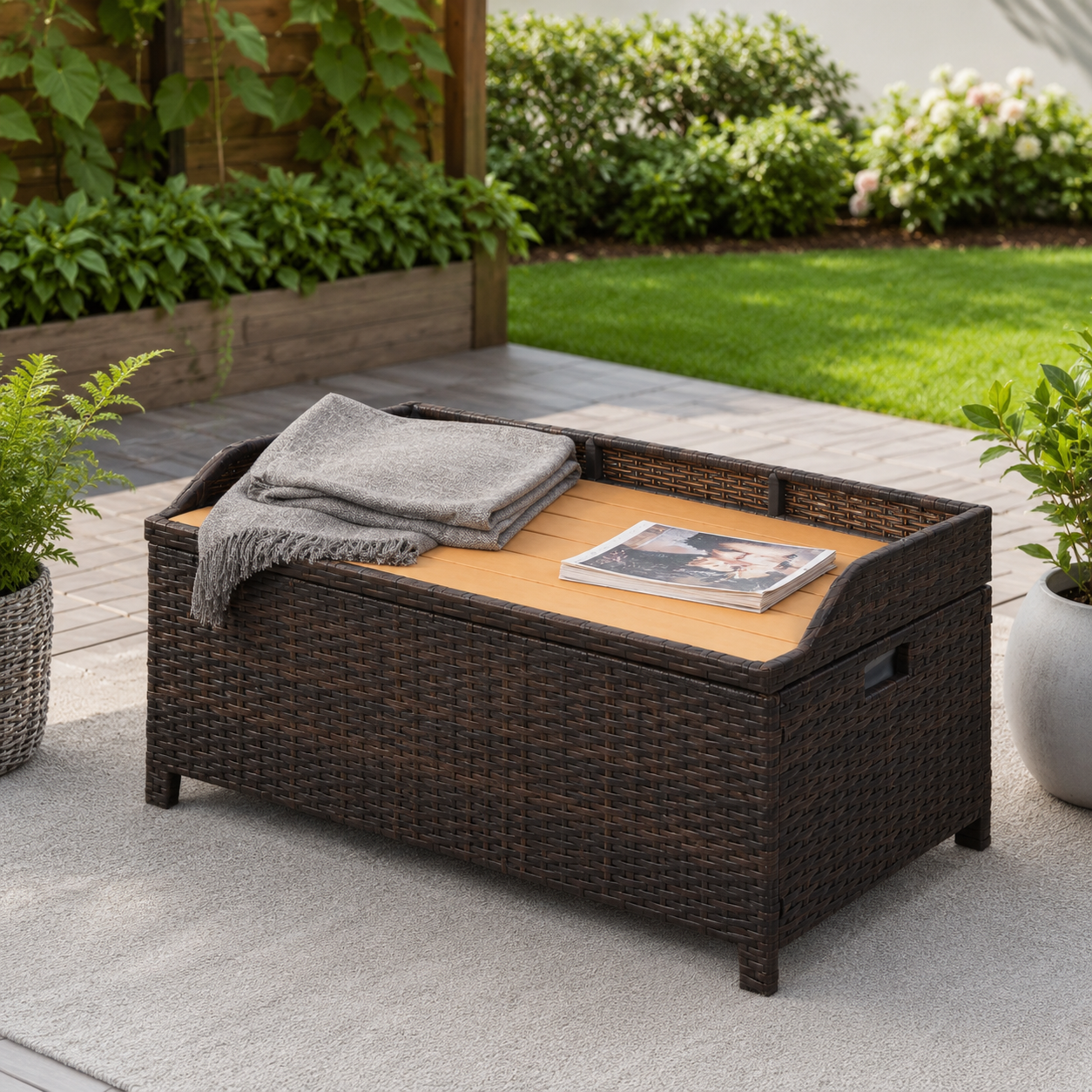 Rattan Storage Bench – 130L Garden Box with Seat, PE Wicker, Mixed Brown, 102×51×52cm