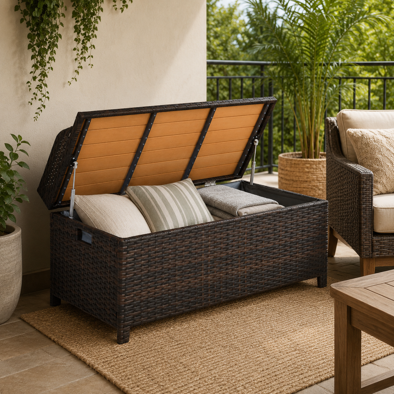 Rattan Storage Bench – 130L Garden Box with Seat, PE Wicker, Mixed Brown, 102×51×52cm