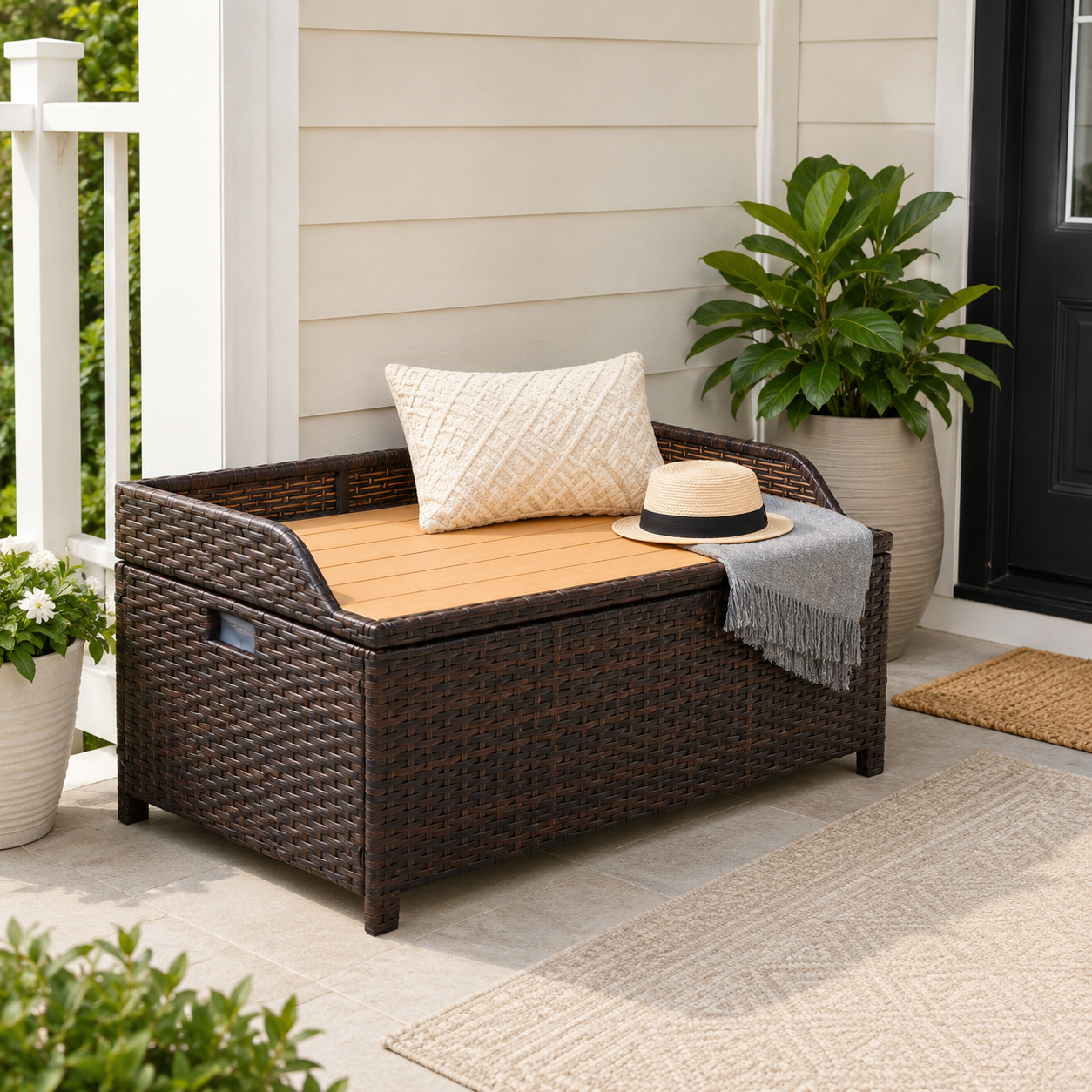 Rattan Storage Bench – 130L Garden Box with Seat, PE Wicker, Mixed Brown, 102×51×52cm
