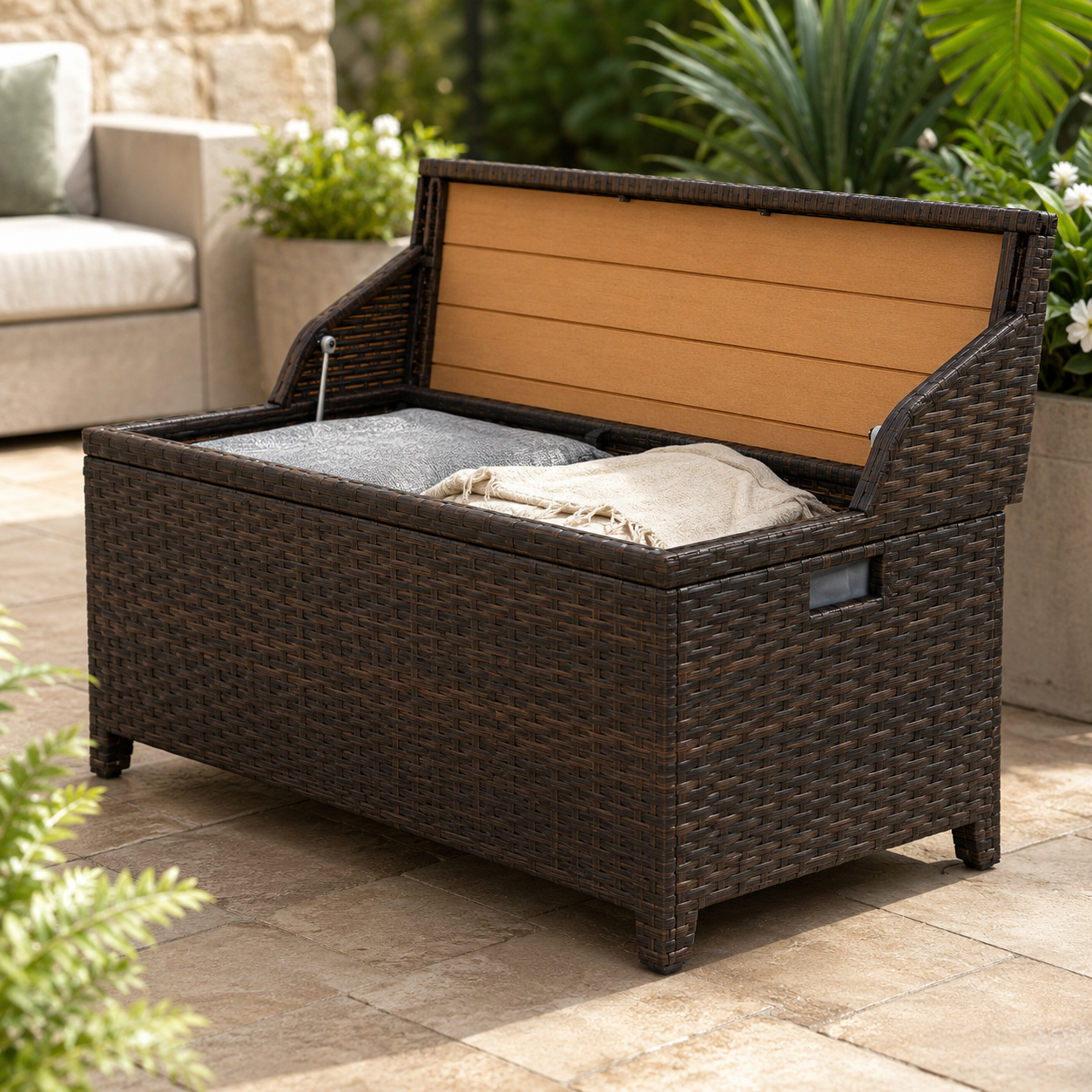 Rattan Storage Bench – 130L Garden Box with Seat, PE Wicker, Mixed Brown, 102×51×52cm