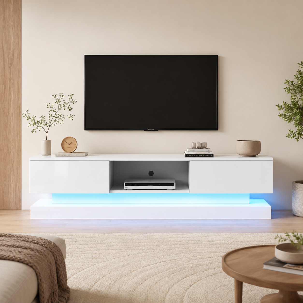 TV Unit – 160cm High-Gloss with 16-Colour LED, 2 Drawers, White, For 70–79 Inch TVs