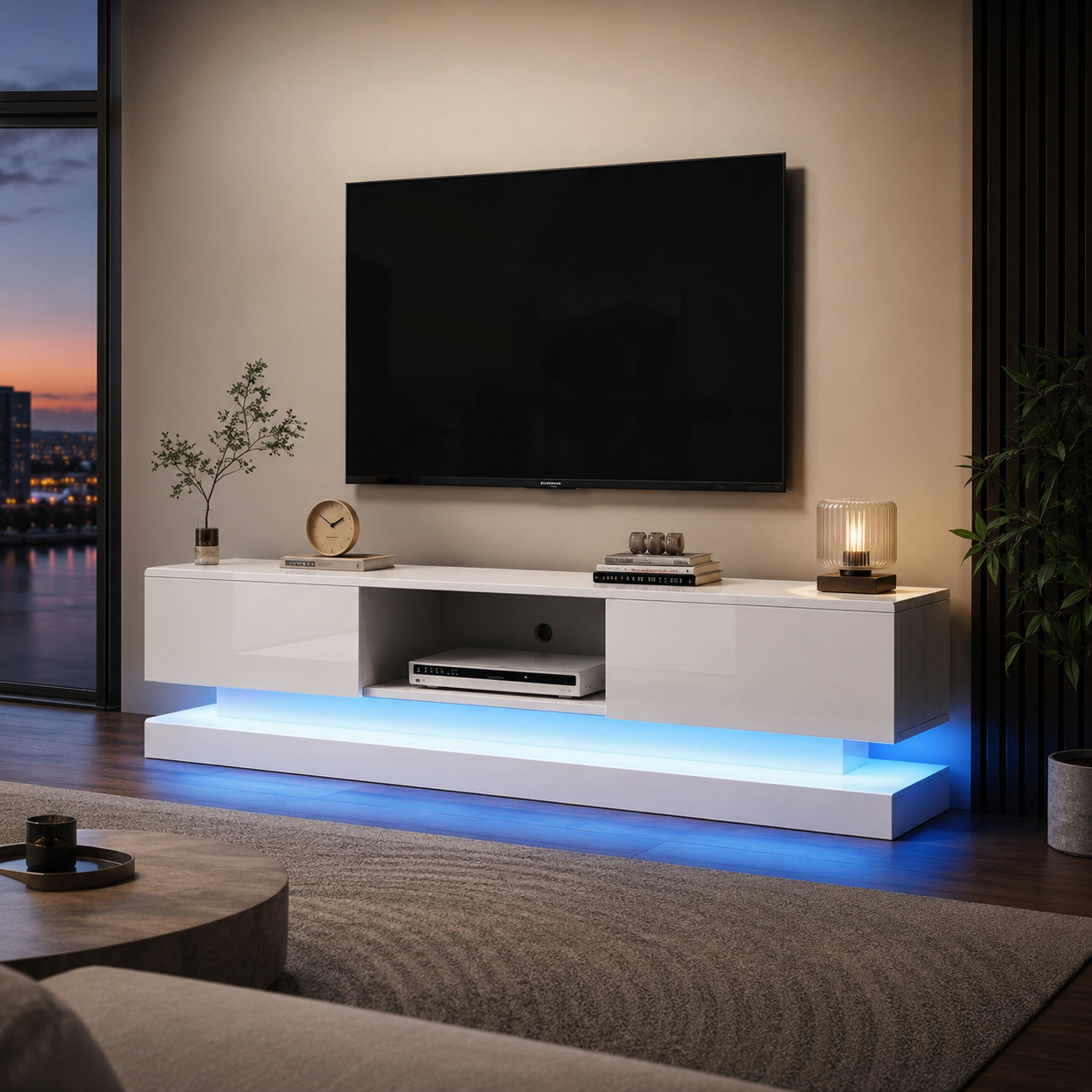 TV Unit – 160cm High-Gloss with 16-Colour LED, 2 Drawers, White, For 70–79 Inch TVs