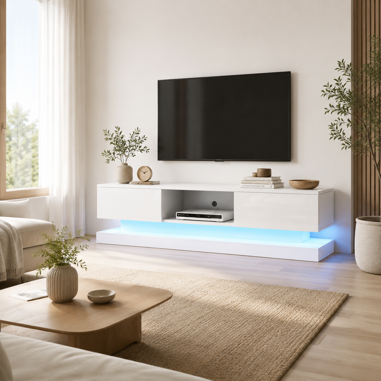 TV Unit – 160cm High-Gloss with 16-Colour LED, 2 Drawers, White, For 70–79 Inch TVs