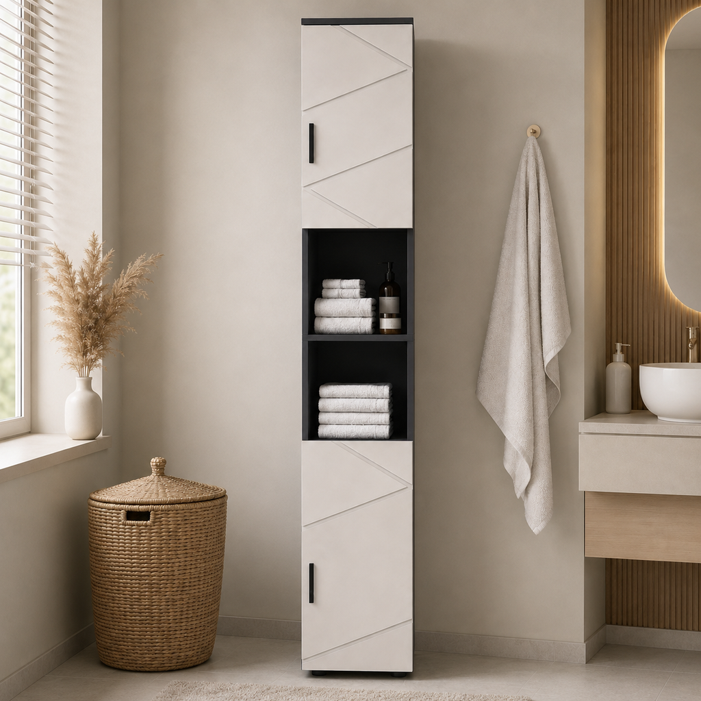 Bathroom Tallboy Cabinet Embossed Line Design – Particle Board, Grey, 30 × 30 × 183 cm