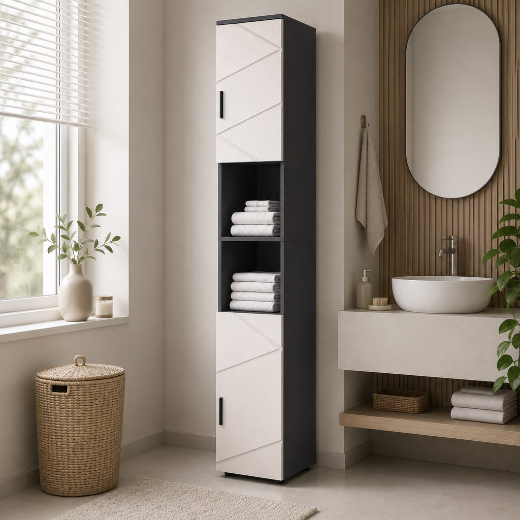 Bathroom Tallboy Cabinet Embossed Line Design – Particle Board, Grey, 30 × 30 × 183 cm