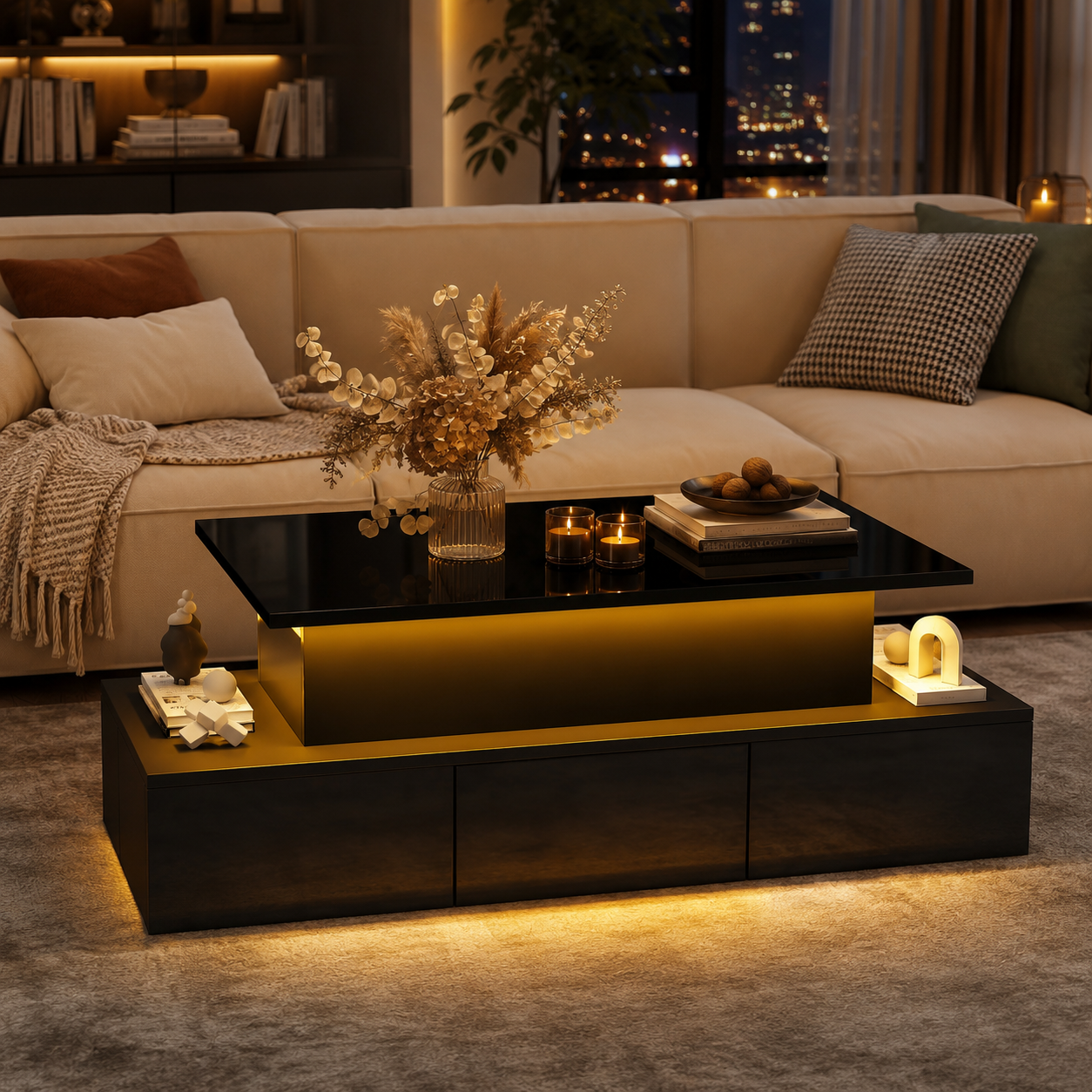 100x50x40cm Liftable Coffee Table With 4 Drawers, High-gloss Side Table With LED Lighting, Sofa Table, Coffee Table, Living Room Table With Hidden Storage, Black, MDF
