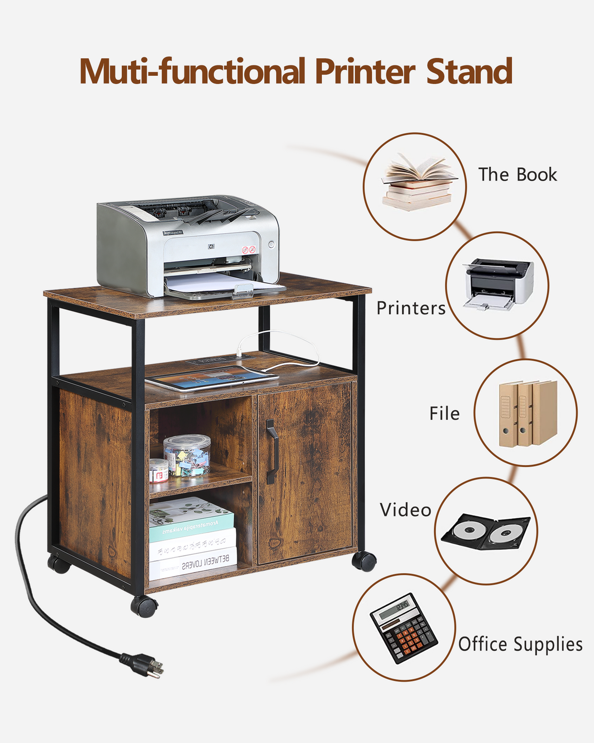 File Cabinet with USB Charging Ports, Printer Stand – Rustic Brown — features