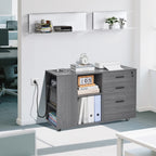 3-Drawer Mobile Wood File Cabinet with Power Strip – Gray — room view angled