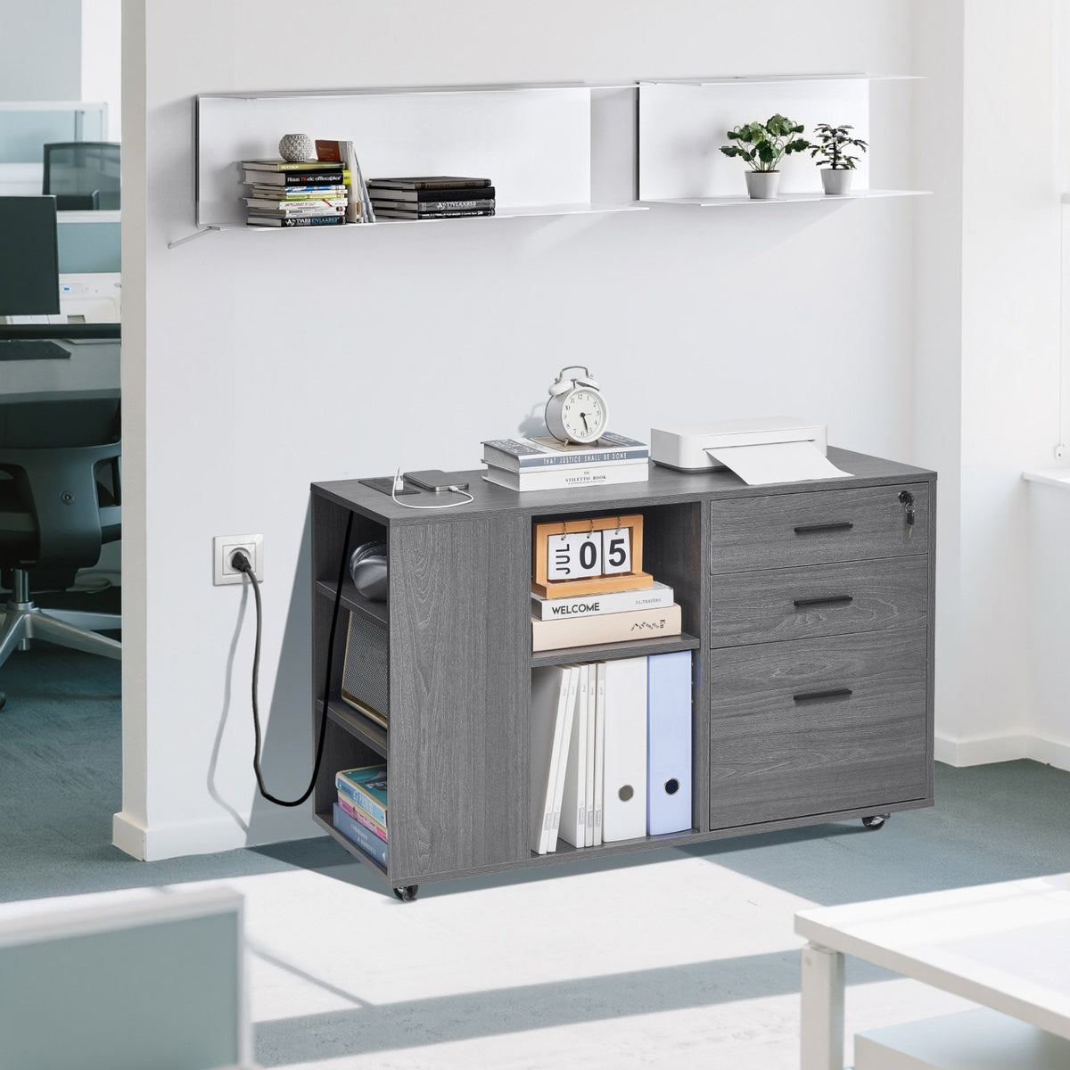 3-Drawer Mobile Wood File Cabinet with Power Strip – Gray — room view angled